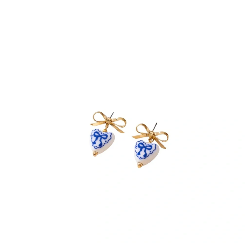 NEW Blue Toile Gold Porcelain Earrings
